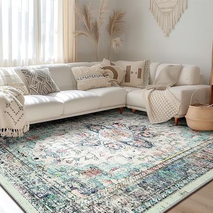 BESTSWEETIE 9x12 Area Rug Washable Rugs for Living Room, No Pile Boho Carpet for Entryway Bedroom Dinning Room, Vintage Carpet Print Distressed Non-Slip, 9 x 12 ft, Multi Navy Teal
