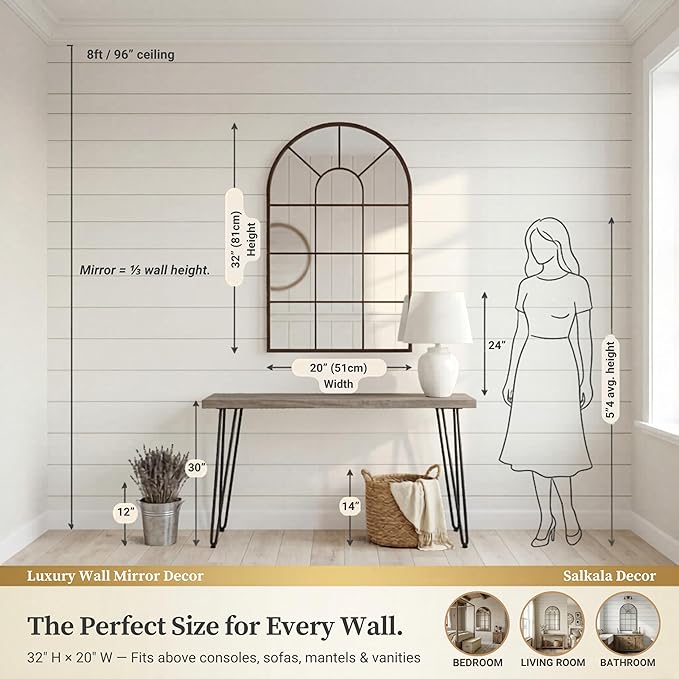 Black Arched Window Mirror | Farmhouse Decorative Wall Mirrors for Living Room, Bedroom, Entryway, Bathroom Vanity, Fireplace Mantel | Window Pane Mirror Wall Decor | Arch Mirror Modern Accent Décor