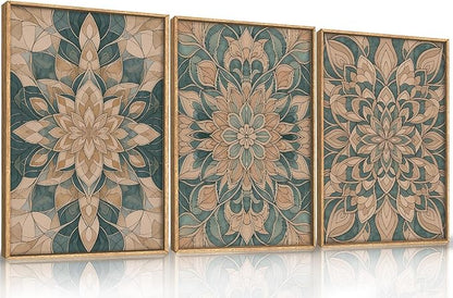 HLNIUC Mandala Boho Framed Canvas Wall Art, Vintage Green Abstract Flower Decor, Scandinavian Botanical Artwork Set of 3(16x24), Southwestern Mexican Bohemian Prints for Living Room, Bedroom, Office