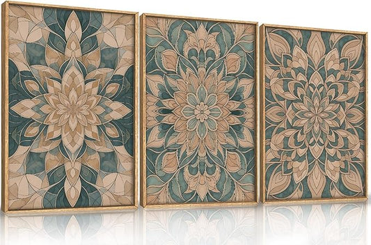 HLNIUC Mandala Boho Framed Canvas Wall Art, Vintage Green Abstract Flower Decor, Scandinavian Botanical Artwork Set of 3(16x24), Southwestern Mexican Bohemian Prints for Living Room, Bedroom, Office