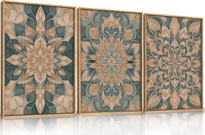 HLNIUC Mandala Boho Framed Canvas Wall Art, Vintage Green Abstract Flower Decor, Scandinavian Botanical Artwork Set of 3(24x36), Southwestern Mexican Bohemian Prints for Living Room, Bedroom, Office