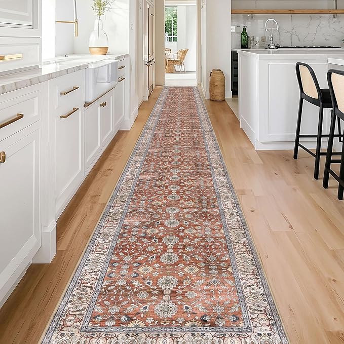 KUTA Extra Long Runner Rug for Hallway 2.6x20ft, Vintage Washable Kitchen Rugs, Red Clay Non-Slip Stair Runners Indoor Soft Printed Vintage Carpet for Bedroom Living Room Nursery