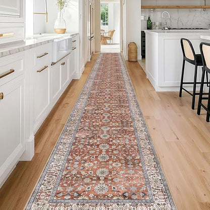 KUTA Extra Long Runner Rug for Hallway 2.6x20ft, Vintage Washable Kitchen Rugs, Red Clay Non-Slip Stair Runners Indoor Soft Printed Vintage Carpet for Bedroom Living Room Nursery