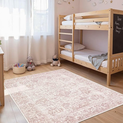 Rugxara Washable Area Rug for Living Room & Bedroom, Light Pink Rugs for Women, Non Slip, Durable Low Pile Carpet, Vintage Carpets for Office, Dining Room, Kids Room and Farmhouse(4x6ft)