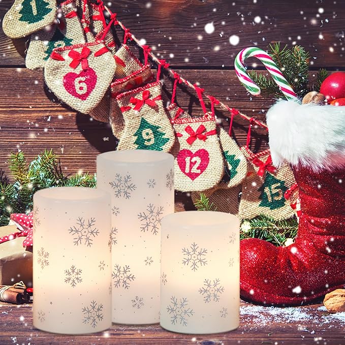 Silver Snowflake Flameless Flickering Candles Battery Operated with 6H Timer, 3 Pack Real Wax Warm Light LED Pillar Candles Dinner Tabletop Holiday Centerpiece Decor 3" x 6"