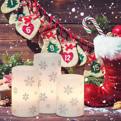 Silver Snowflake Flameless Flickering Candles Battery Operated with 6H Timer, 3 Pack Real Wax Warm Light LED Pillar Candles Dinner Tabletop Holiday Centerpiece Decor 3" x 6"