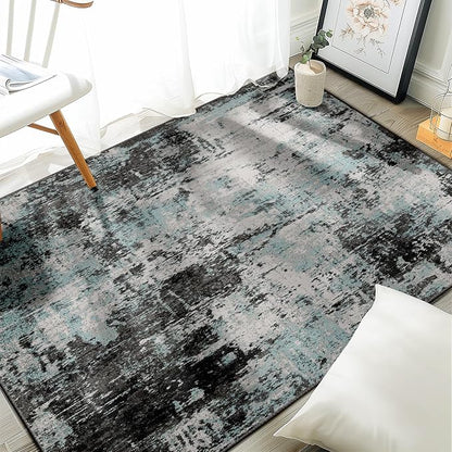 RELEANY Washable Area Rugs 3'x5' Non-Slip Modern Abstract Soft for Living Room Entryway Bedroom Nursery, Print Pattern, Blue Black Teal