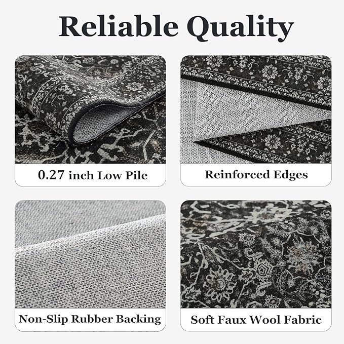 Vintage Dark 2x5 Rug Runners for Hallways, Non Slip Machine Washable Kitchen Runner, Low Pile Lightweight Carpet Runner for Entryway/Bathroom/Corridor/Laundry Room, Midnight