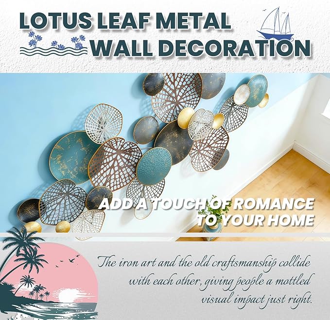 ZZYYZZ Large Metal Wall Decor, Boho Lotus Leaf Metal Wall Decoration, 3D Stacked Flower Wall Art Décor, Nautical Coastal Outdoor Wall Decor, for Living Room Bedroom Dining Room, 52.5" x 26.5"