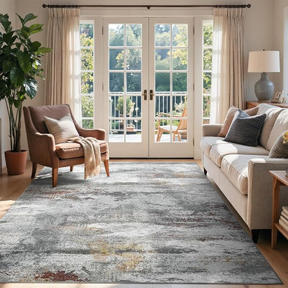 5x7 Ft Abstract Area Rugs for Living Room, Soft Non-Slip Modern Washable Rugs Print Pattern Carpet for Bedroom Indoor Floor Nursery Home Decor (Grey/Gold-Brown/Red-Brown)
