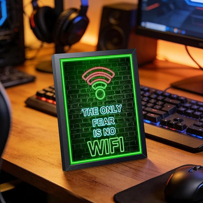 Framed Gamer Wall Art, Boys Game Room Wall Decor Painting, The Only Fear Is No WiFi Neon Canvas Print Picture, Green LED Style Gaming Room Decor Oil Painting for Kids Teens Bedroom 8x10 Inch