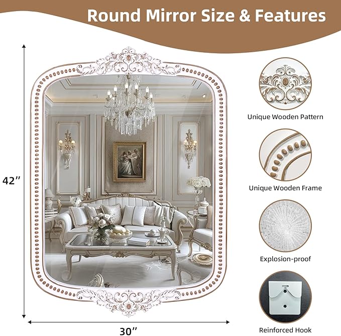 HOITUZYUS Wooden Baroque Wall Mirror: 30x42 Inch Rustic Farmhouse Mirror - Ornate Decorative Mirrors for Fireplace, Living Room, Bedroom, Entryway, Bathroom - Vertical/Horizontal