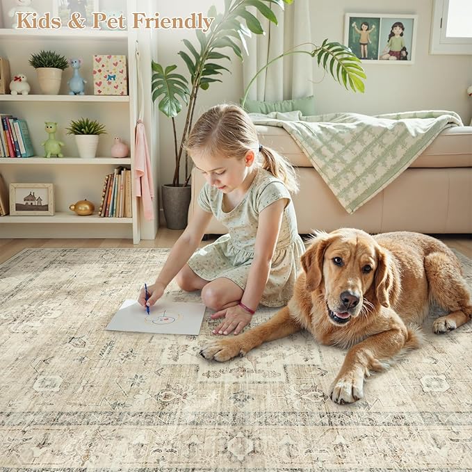 LIVEBOX Bedroom 4x6 Washable Area Rug for Entryway Kitchen, Non-Slip Soft Boho Rugs for Dining Room Office, Farmhouse Low-Pile Neutral Soft Carpet for Nursery Room Playroom, Tan
