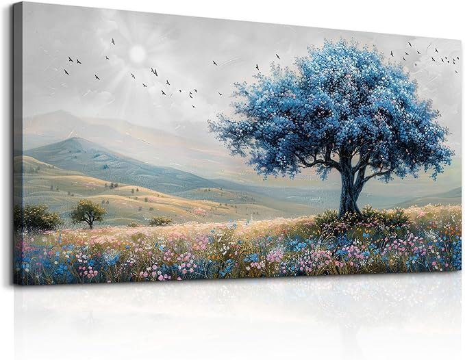 KELIYUAN Large Farmhouse Wall Art For Living Room Canvas Wall Decor For Office Bedroom Hotel room Field Scenery Wall Painting Blue Trees Picture Modern Home Decoration Artwork Ready To Hang 24x48In