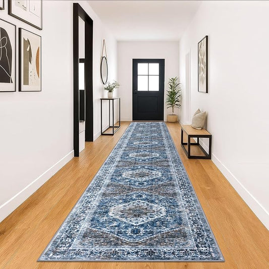 KOZYFLY Runners for Hallways 3x18 Ft Extra Long Washable Kitchen Thin Runner Rug Boho Runner Rug for Entryway Indoor Blue Printed Oriental Faux Wool Stair Floor Carpet Runner for Stair Kitchen Hall