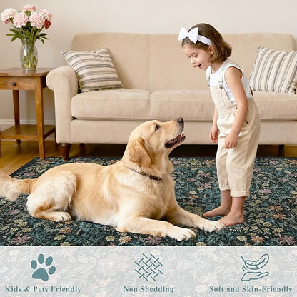 DUKINO 6x9 Rugs for Living Room, Vintage Washable Rug with Non Slip Backing, Floral Low Pile & Non-Shedding Large Area Carpets for Bedroom, Dining Room, Farmhouse, Home Office, Blue