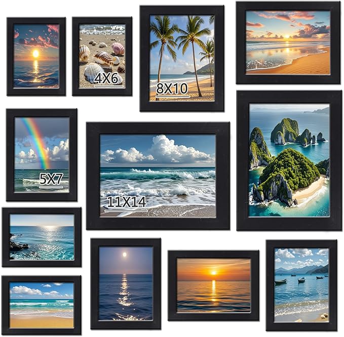 xnlkros 12 pack assorted gallery wall picture frame,rustic farmhouse wood picture frames multiple sizes including 4x6, 5x7, 8x10, 11x14, Ideal for living room hanging or tabletop display,Black