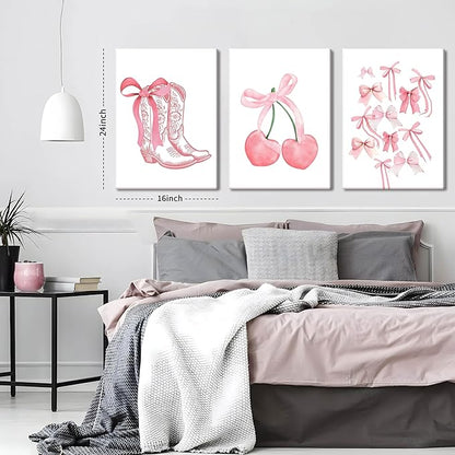 Fashion Pink Bows Wall Art Set of 3, Preppy Watercolor Cherry Cowboy Boots Wall Decor Posters, Cute Aesthetic Room Decor Canvas Prints Picture for College Girl Apartment Bedroom 16x24 Inch Framed