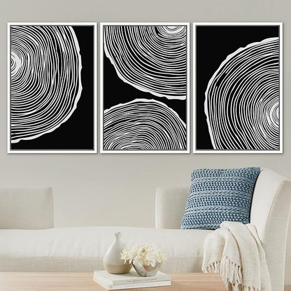 SIGNLEADER Framed Canvas Print Wall Art Set Duotone Geometric Wood Ring Circle Collage Abstract Shapes Illustrations Modern Art Boho Decorative for Living Room, Bedroom, Office - 24"x36"x3 WHITE