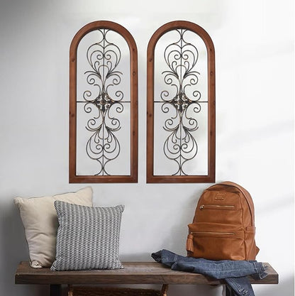 Sintosin Vintage Metal Wall Art for Living Room 13 X 32 Inches, Handmade Distressed Wooden Wall Panels with Carved Wrought Iron above Bed Decor, Farmhouse Wall Decor for Kitchen Entryway