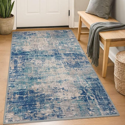 KILOCOCO Abstract Area Rug 3x5 Entryway Rug Washable Kitchen Rugs Non Slip Soft Pinted Entrance Rugs Indoor Mat for Front Door Foyer Farmhouse Living Room Floor Carpet, Blue/Grey/Beige