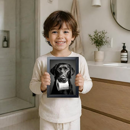 Black and White Bathroom Wall Art, Funny Labrador Dog Canvas Prints Poster, Cute Dog Chewing Toilet Paper Wall Decor, Modern Farmhouse Restroom Bathroom Home 8x10 Inch Framed