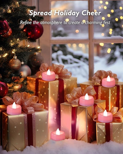merrynights Flameless Candles, 12 Pack Tea Lights Candle Battery Operated, LED Tealight Votives, Realistic Tea Lights for Wedding Christmas Party Home Decor -D 1.5” x H 1.25” -Pink Light