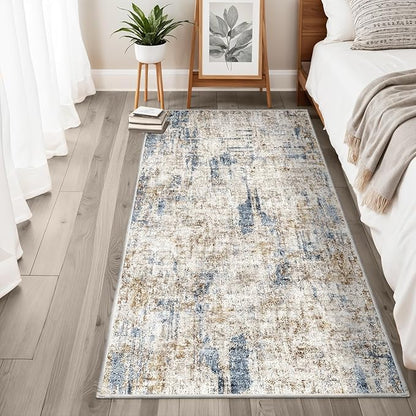 3x6 Washable Non-Slip Kitchen Runner Rug – Modern Abstract Wide Floor Carpet Runner with Rubber Backing for Entryway, Hallway, Bathroom, Living Room, Low Pile Thin (Blue Brown)