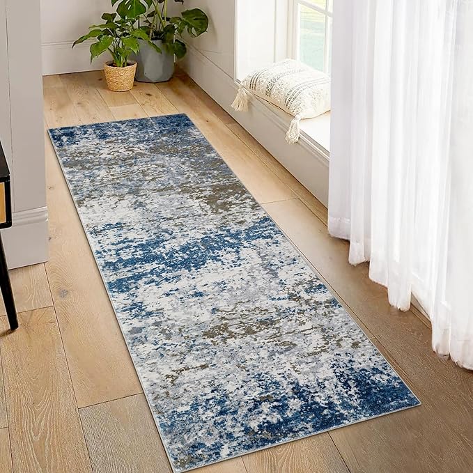 ROYHOME 2x6 Modern Abstract Runner Rug Non Slip Soft Machine Washable Stain Resistant Rugs Low Pile Non Shed Rug for Hallway Kitchen Bathroom, Navy