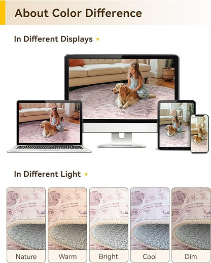 RELEANY Area Rugs Round 6ft Washable Non-Slip, Floral Vintage Distress Print Pattern Medallion Carpet for Living Room Bedroom Dining Room, Pink Greypink Cute