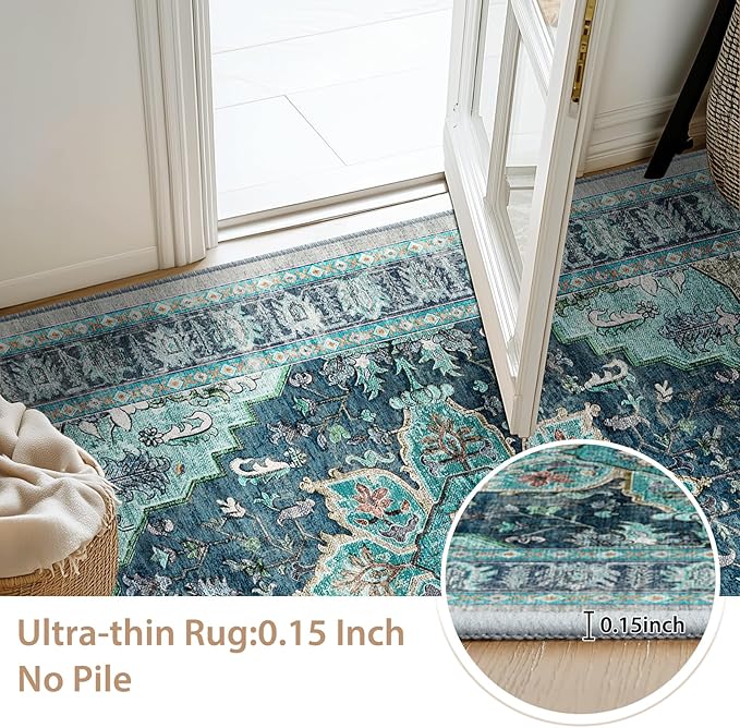 BESTSWEETIE 4x6 Area Rug Washable Rugs for Living Room, No Pile Boho Carpet for Entryway Bedroom Dinning Room, Vintage Carpet Print Distressed Non-Slip, 4 x 6 ft, Teal Dark Green