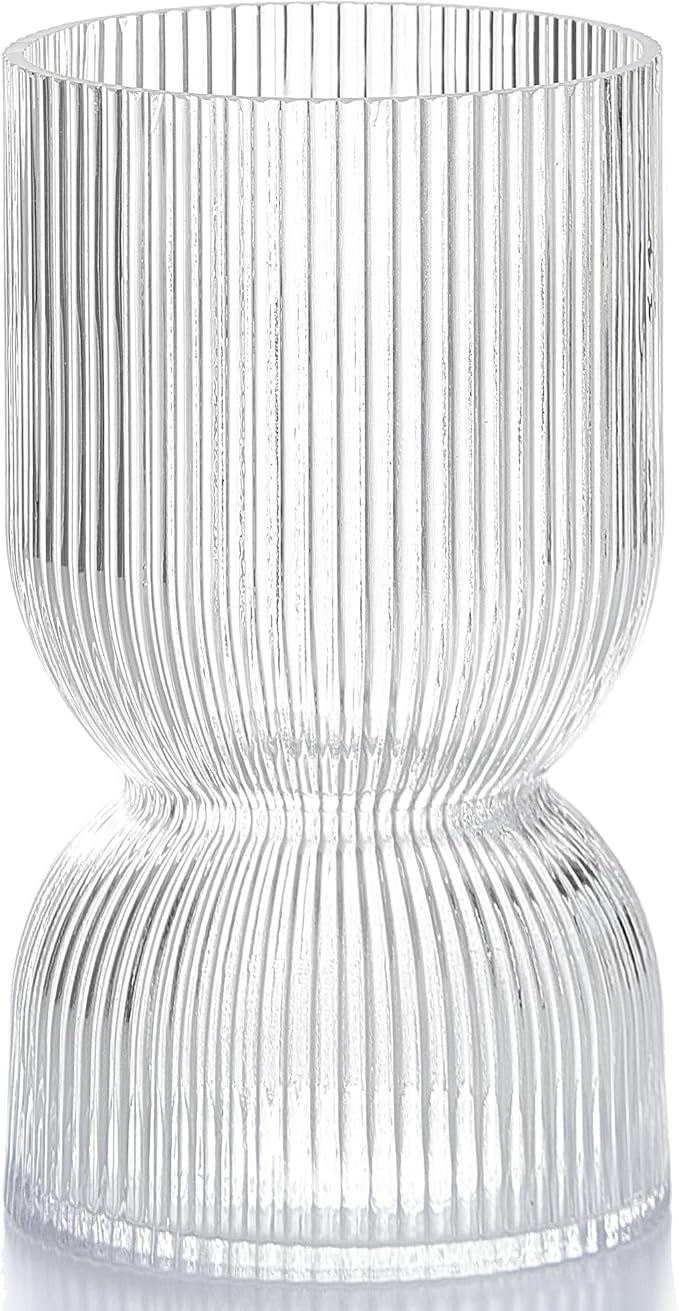 7.5 inch Vase for Flowers, Clear Ribbed Thickened Glass Vases, Hourglass Bud Flower Vase for Bookshelf, Dinner Table, Indoor Office Desktop, Meeting Room, Bathroom, Home Decor, Christmas Decoration