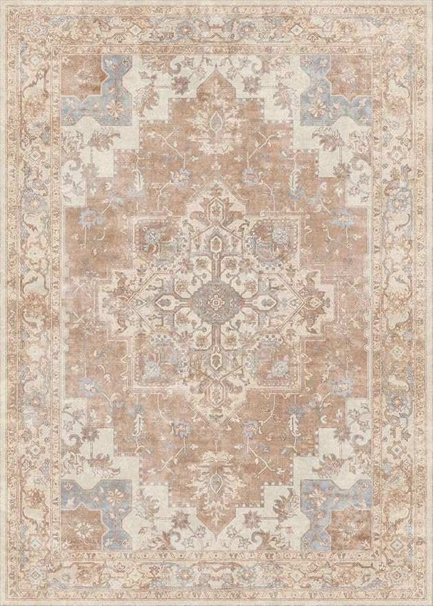 GENIMO 6x9 Area Rugs for Living Room, Machine Washable Non Slip Rugs, Low Pile Lightweight Vintage Print Rug for Bedroom, Dining Room, Home Office, Orange&Beige
