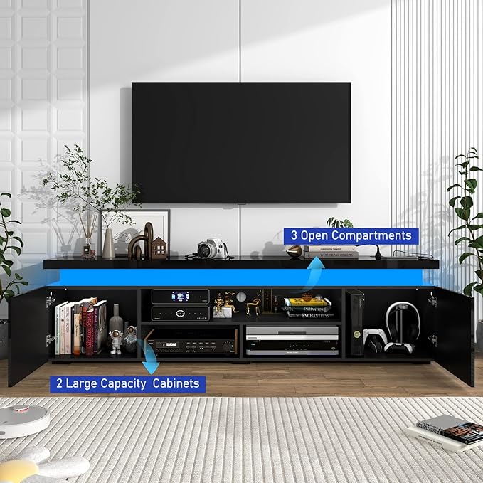 Hlivelood LED TV Stand for 85 Inch TV, Modern TV Stand with Power Outlet, High Gloss TV Console Entertainment Center with Storage and LED Lights for Living Room, Bedroom (73 Inch, Black)