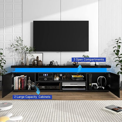 Hlivelood LED TV Stand for 85 Inch TV, Modern TV Stand with Power Outlet, High Gloss TV Console Entertainment Center with Storage and LED Lights for Living Room, Bedroom (73 Inch, Black)