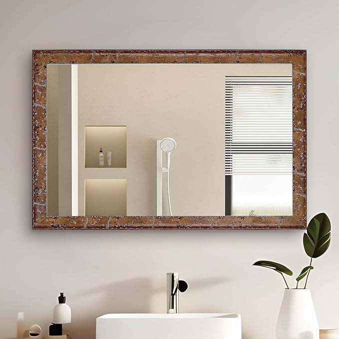 CULER Wood Wall Mirror for Bathroom,Rectangle Rustic Brown 24 x 36 inch Hanging Vanity Farmhouse Mirrors with Wooden Frame for Living Room,Bedroom,Entryway