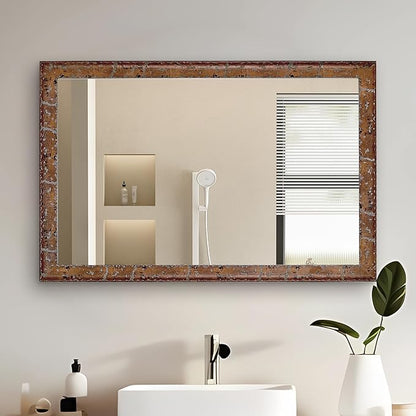 CULER Wood Wall Mirror for Bathroom,Rectangle Rustic Brown 24 x 36 inch Hanging Vanity Farmhouse Mirrors with Wooden Frame for Living Room,Bedroom,Entryway
