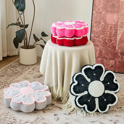 Flower Shaped Decorative Throw Pillow Cushion for Bed Couch, Cute Flower Plush Throw Pillows Home Decor Floor Pillow Seating Cushions (Black, 13.7 Inches)