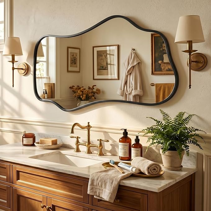 Bathroom Mirrors for Over Sink-Horizontal or Vertical Hanging 47.2"x21.6" Black Asymmetrical Wavy Aluminum Frame Decorative Full Body Mirror for Living Room,Bedroom,Cloakroom,Entryway