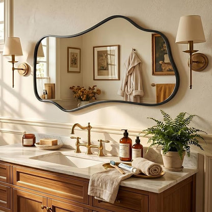 Bathroom Mirrors for Over Sink-Horizontal or Vertical Hanging 47.2"x21.6" Black Asymmetrical Wavy Aluminum Frame Decorative Full Body Mirror for Living Room,Bedroom,Cloakroom,Entryway