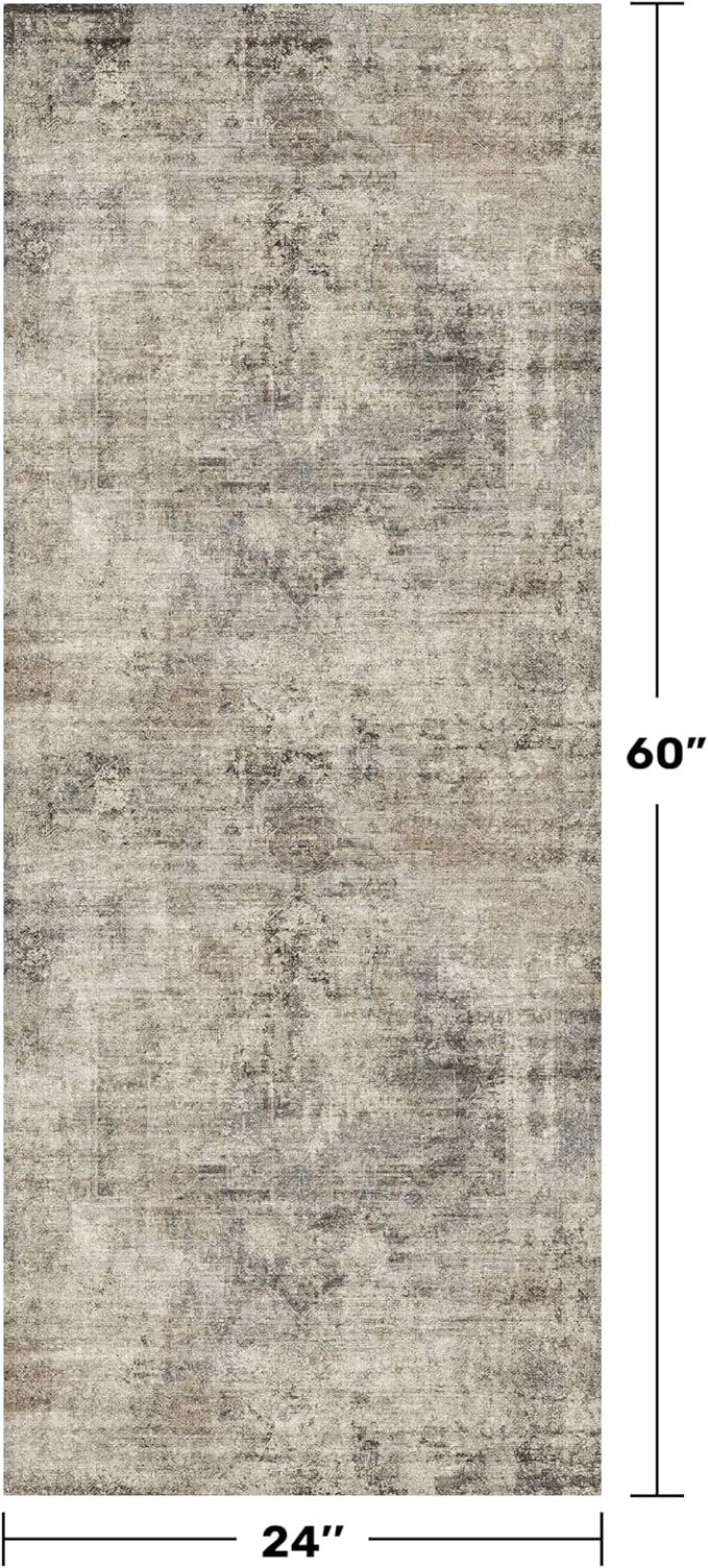 Vintage 2x5 Taupe Runner Rugs for Indoor Entryway, Washable Farmhouse Kitchen Rugs with Rubber Backing, Entryway Indoor Runner for Bathroom, Home Office Floor Rug, Non-Slip Stain & Fade Resistant