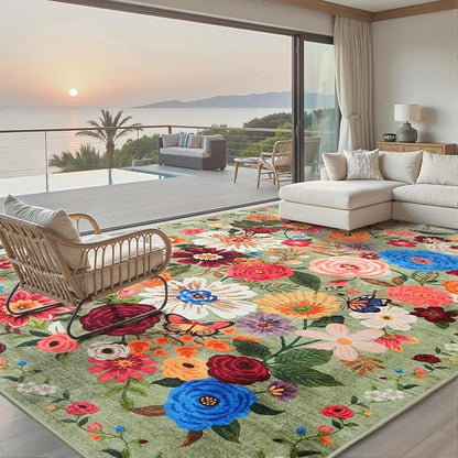 Green Area Rugs 10x14 for Living Room, Non Slip Machine Washable Floral Rugs, Low Pile Lightweight Large Rug for Bedroom, Dining Room, Home Office