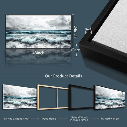 ERQINHUA Black And White Beach Canvas Wall Art For Living Room Wall Decoration For Bedroom Office Wall Decor Blue Sea Wave Printing Pictures Artwork Home Decor Painting Black Framed 24x48 In