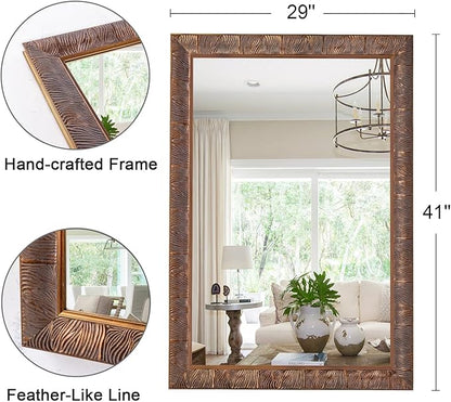 Chende Vintage Mirrors for Wall, 41'' x 29'' Bathroom Mirror with Feather Line Carving Wooden Frame, Retro Bronze Mirror for Living Room, Dining Room, Entryway
