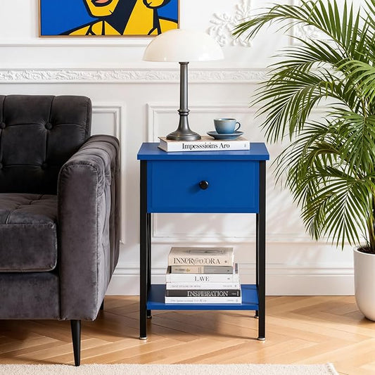 VECELO Nightstands, Modern Bedside End Tables Set of 2, Night Stand with Drawer and Storage Shelf for Living Room Bedroom, Industrial Metal Frame