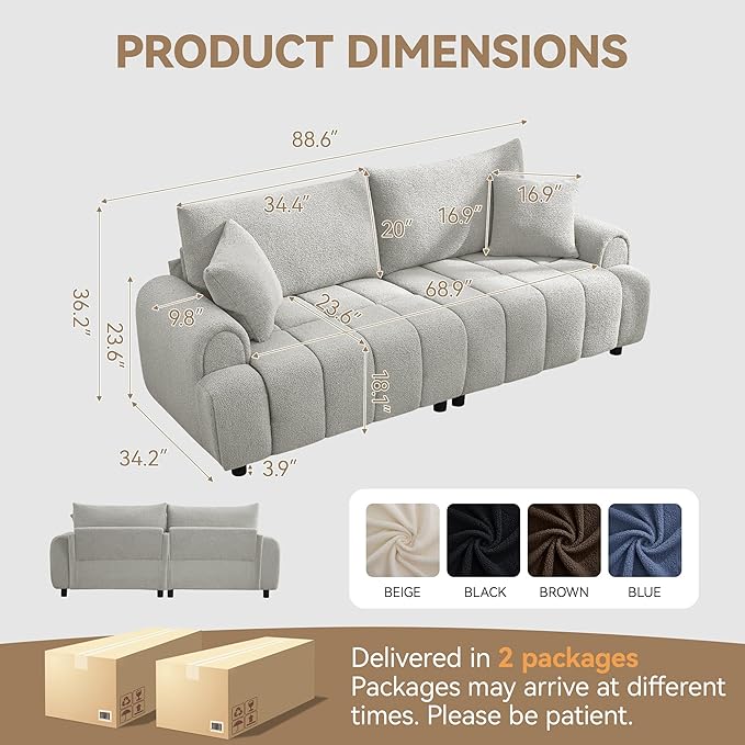 88 "Modern Boucle Sofa Couch, Oversized Comfy 3 Seater Sherpa Curved Sofas Deep Seat, Upholstered Loveseat Teddy Round Arm Couches for Living Room, Bedroom, Light Grey