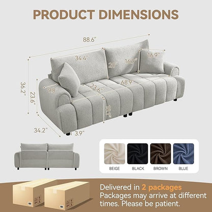 88 "Modern Boucle Sofa Couch, Oversized Comfy 3 Seater Sherpa Curved Sofas Deep Seat, Upholstered Loveseat Teddy Round Arm Couches for Living Room, Bedroom, Light Grey