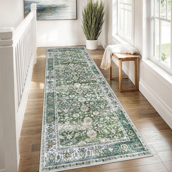 KUTA Vintage Wide Runners for Hallways 3x8 ft Green Washable Kitchen Runner Non Slip Rubber Backed Hall Runners Entryway Runner Rugs Floor Carpet for Indoor Backdoor Bedroom Kitchen