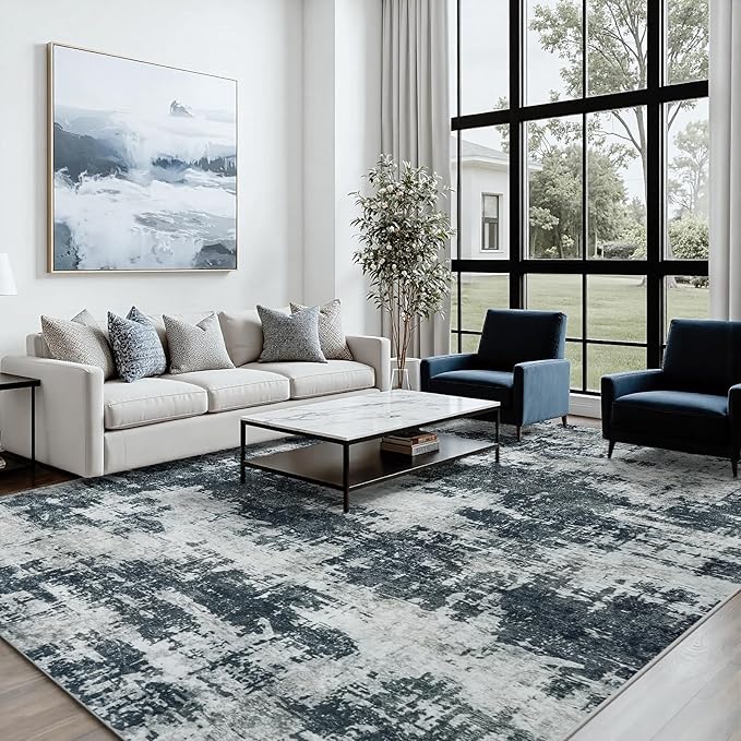 Area Rug 6x9 Living Room Rug Washable: No-Slip Abstract Soft Thin Large Black Rugs, Indoor Floor Stain Resistant Modern Carpet for Bedroom Dining Room Farmhouse Nursery Home Office (Black, 6'x9')
