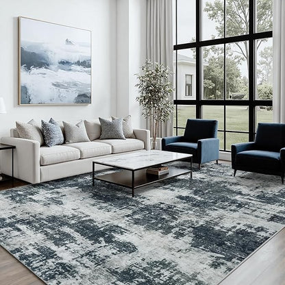 Area Rug 8x10 Living Room Rug Washable: No-Slip Abstract Soft Thin Large Black Rugs, Indoor Floor Stain Resistant Modern Carpet for Bedroom Dining Room Farmhouse Nursery Home Office (Black, 8'x10')